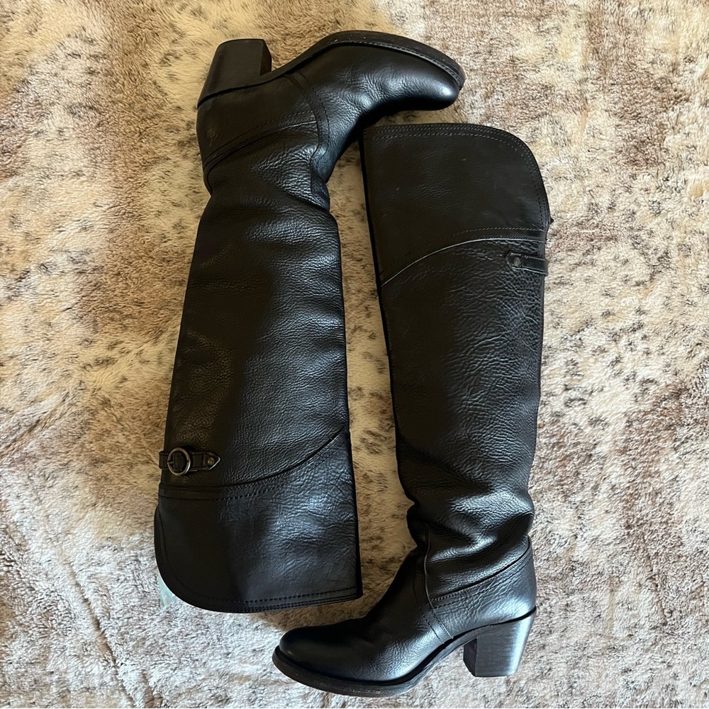 FRYE Leather JANE tall cuff boots  Black Buckle Tall Knee Size 6